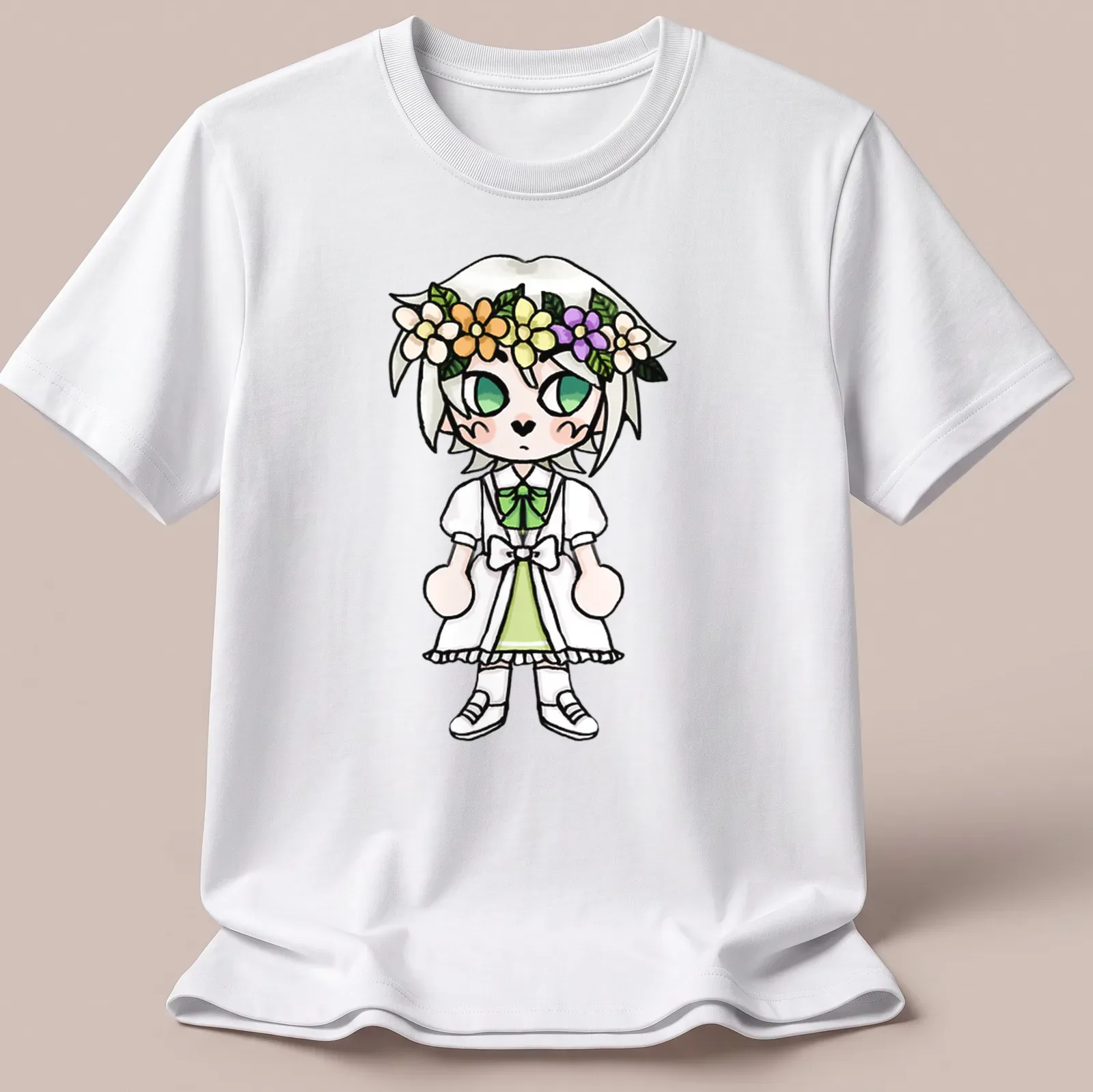 Kawaii style chibi character with a flower crown on a green dress — printed on a unisex t-shirt