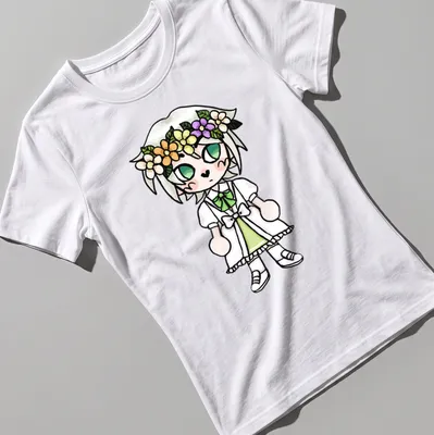 Kawaii style chibi character with a flower crown on a green dress — printed on a women's shirt