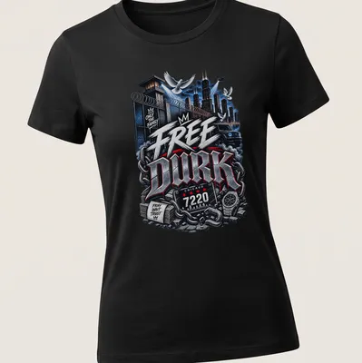 Bold urban art of Chicago with prison imagery and vibrant text — printed on a women's shirt