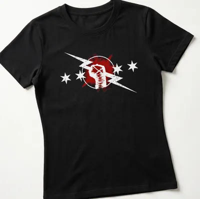 Retro distressed t-shirt featuring a fist with lightning bolts for wrestling fans — printed on a women's shirt