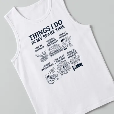 Illustrative Chihuahua Lover T-shirt with humorous activities listed — printed on a tank top