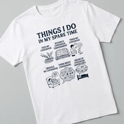 Illustrative Chihuahua Lover T-shirt with humorous activities listed