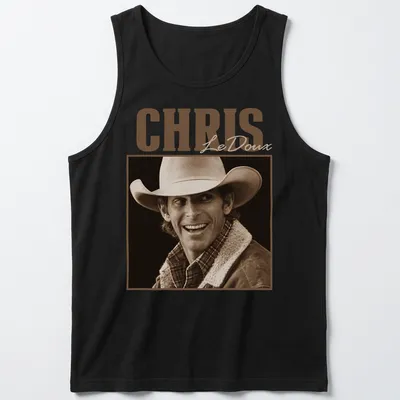 Vintage sepia Chris LeDoux T-shirt featuring a cowboy illustration in brown and cream. — printed on a tank top
