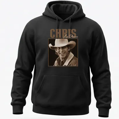 Vintage sepia Chris LeDoux T-shirt featuring a cowboy illustration in brown and cream. — printed on a unisex hoodie