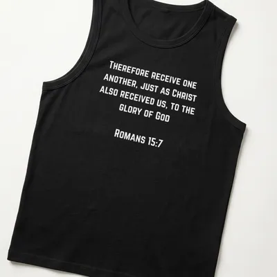 Modern typography design with the text Romans 157 Receive One Another in black and white. — printed on a tank top