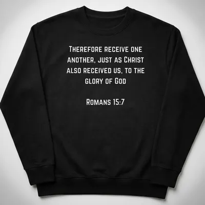 Modern typography design with the text Romans 157 Receive One Another in black and white. — printed on a unisex sweatshirt