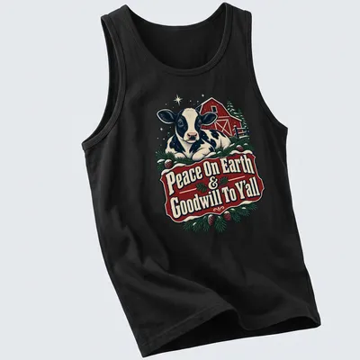 Vintage farmhouse style Christmas shirt featuring a cow and holiday message — printed on a tank top
