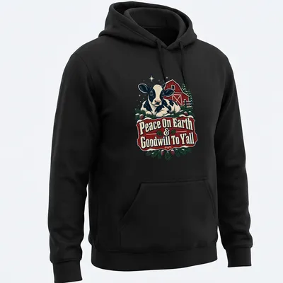 Vintage farmhouse style Christmas shirt featuring a cow and holiday message — printed on a unisex hoodie