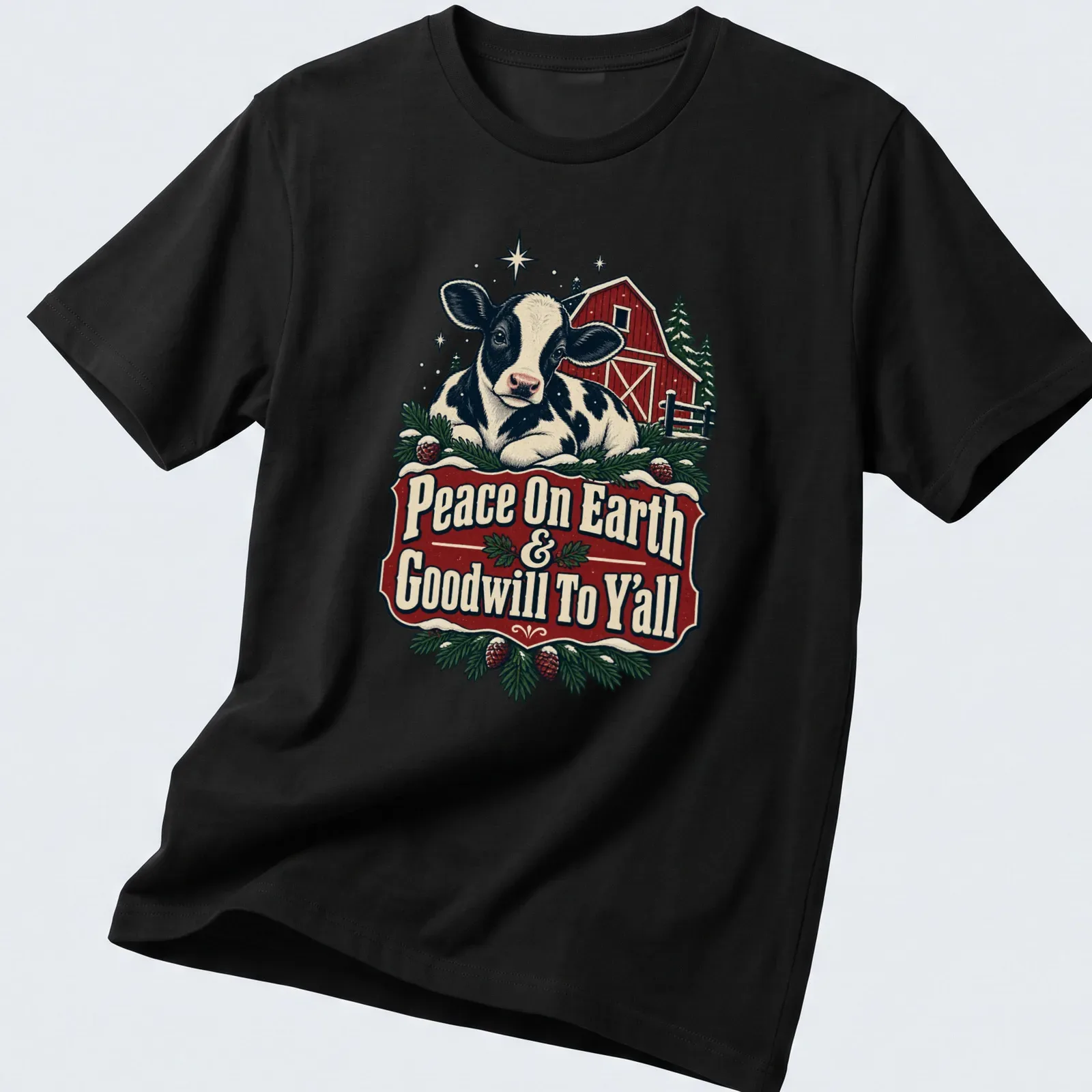 Vintage farmhouse style Christmas shirt featuring a cow and holiday message — printed on a unisex t-shirt
