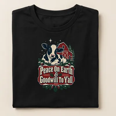Vintage farmhouse style Christmas shirt featuring a cow and holiday message — printed on a women's shirt
