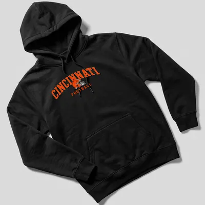 Retro Cincinnati football helmet design in orange, black, and white with bold lettering. — printed on a unisex hoodie