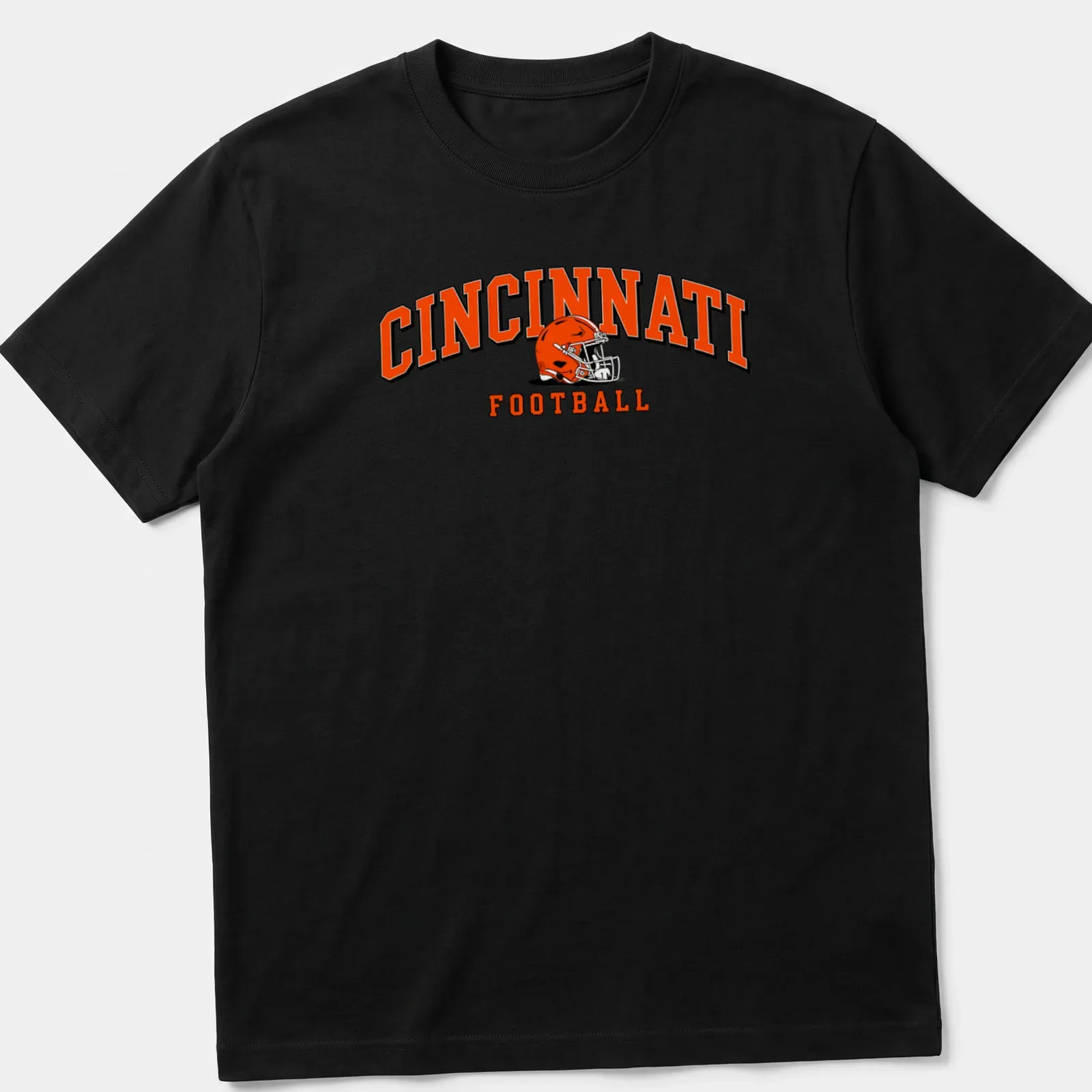 Retro Cincinnati football helmet design in orange, black, and white with bold lettering. — printed on a unisex t-shirt