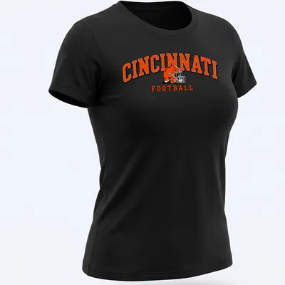 Retro Cincinnati football helmet design in orange, black, and white with bold lettering. — printed on a women's shirt