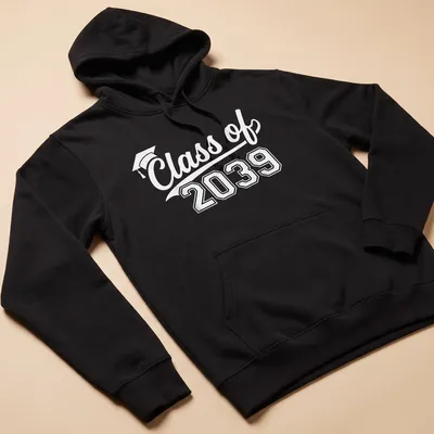 Sporty first day of school T-shirt with graduation cap and Class of 2039 — printed on a unisex hoodie