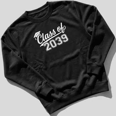 Sporty first day of school T-shirt with graduation cap and Class of 2039 — printed on a unisex sweatshirt