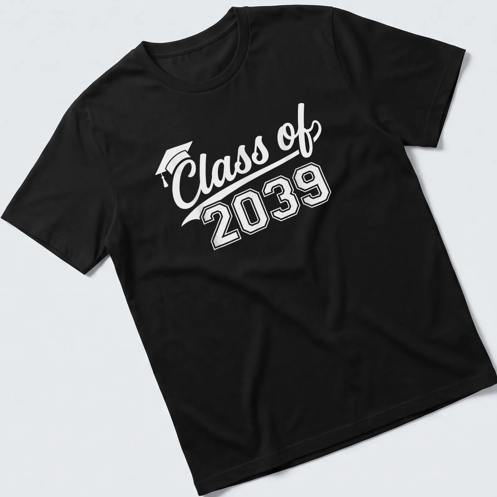 Sporty first day of school T-shirt with graduation cap and Class of 2039 — printed on a unisex t-shirt