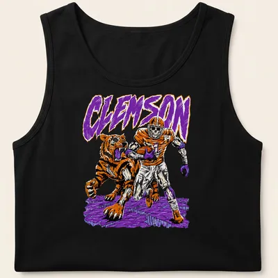 Retro shirt featuring a Clemson Tiger skeleton football player with vibrant colors. — printed on a tank top