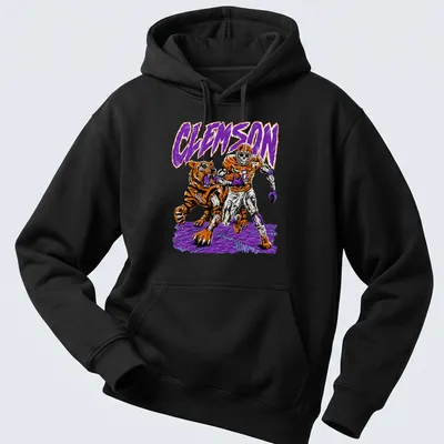 Retro shirt featuring a Clemson Tiger skeleton football player with vibrant colors. — printed on a unisex hoodie