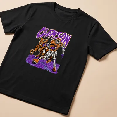 Retro shirt featuring a Clemson Tiger skeleton football player with vibrant colors.