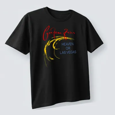 Bold colorful Cocteau Twins t-shirt with album title in red, yellow, and blue text — printed on a unisex t-shirt (angled view)