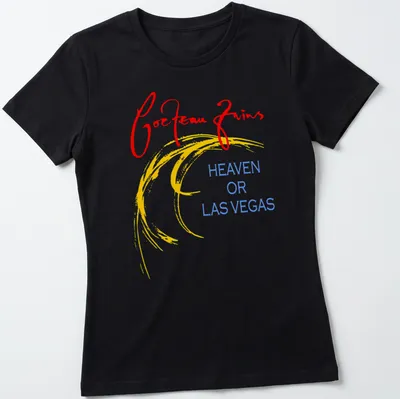 Bold colorful Cocteau Twins t-shirt with album title in red, yellow, and blue text — printed on a women's shirt