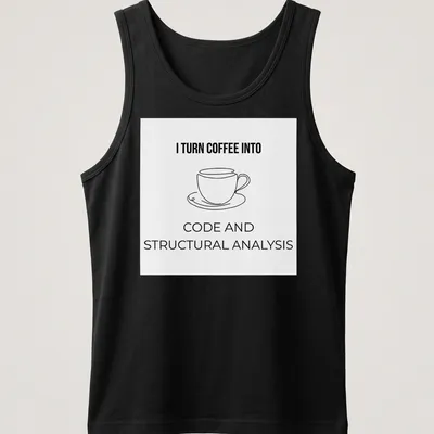 Line-art graphic of a coffee cup with text about turning coffee into code and analysis — printed on a tank top