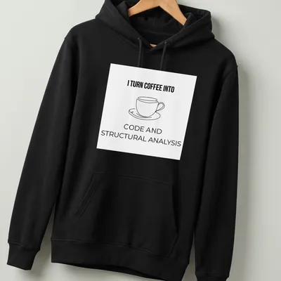 Line-art graphic of a coffee cup with text about turning coffee into code and analysis — printed on a unisex hoodie