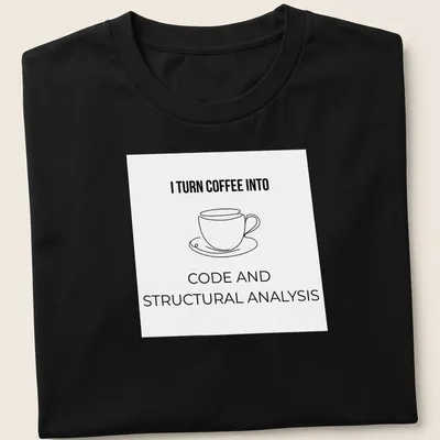 Line-art graphic of a coffee cup with text about turning coffee into code and analysis — printed on a unisex t-shirt