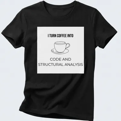 Line-art graphic of a coffee cup with text about turning coffee into code and analysis — printed on a women's shirt