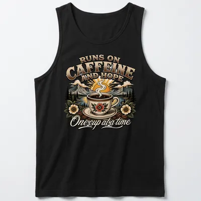 Vintage illustration of a coffee cup with mountains and flowers, featuring the phrase about caffeine and hope — printed on a tank top