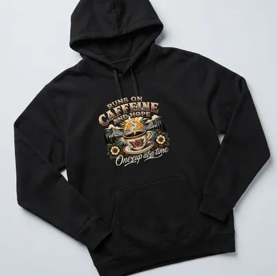 Vintage illustration of a coffee cup with mountains and flowers, featuring the phrase about caffeine and hope — printed on a unisex hoodie