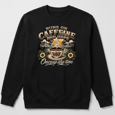 Vintage illustration of a coffee cup with mountains and flowers, featuring the phrase about caffeine and hope — printed on a unisex sweatshirt