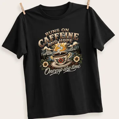 Vintage illustration of a coffee cup with mountains and flowers, featuring the phrase about caffeine and hope