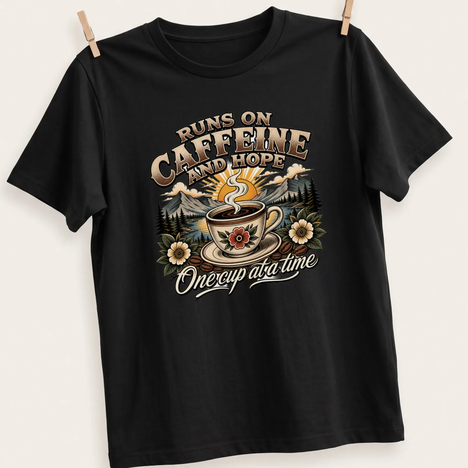 Vintage illustration of a coffee cup with mountains and flowers, featuring the phrase about caffeine and hope — printed on a unisex t-shirt