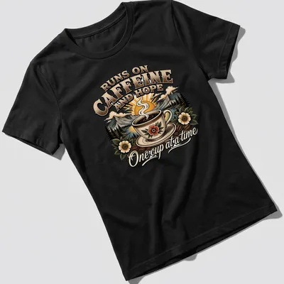 Vintage illustration of a coffee cup with mountains and flowers, featuring the phrase about caffeine and hope — printed on a women's shirt