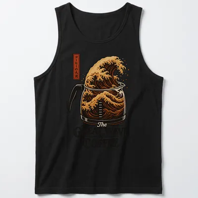 Vintage illustration of a coffee pot as a wave with text 'The Great Wave of Coffee' — printed on a tank top