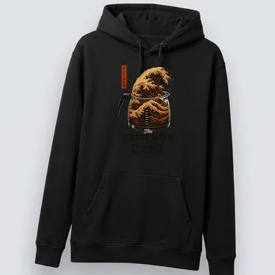 Vintage illustration of a coffee pot as a wave with text 'The Great Wave of Coffee' — printed on a unisex hoodie
