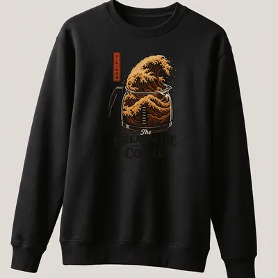Vintage illustration of a coffee pot as a wave with text 'The Great Wave of Coffee' — printed on a unisex sweatshirt