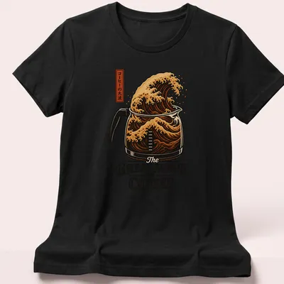Vintage illustration of a coffee pot as a wave with text 'The Great Wave of Coffee' — printed on a women's shirt