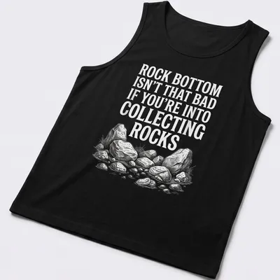 Sketch illustration of various rocks with humorous text about collecting rocks — printed on a tank top