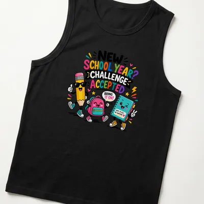 Kawaii cartoon style T-shirt featuring colorful back-to-school characters and playful text. — printed on a tank top