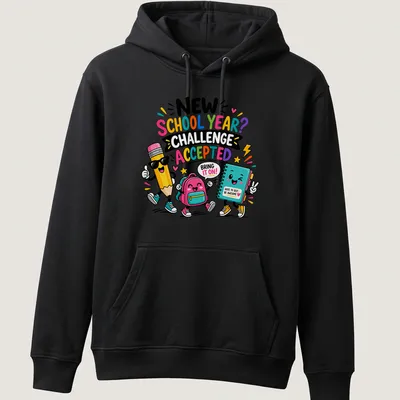 Kawaii cartoon style T-shirt featuring colorful back-to-school characters and playful text. — printed on a unisex hoodie