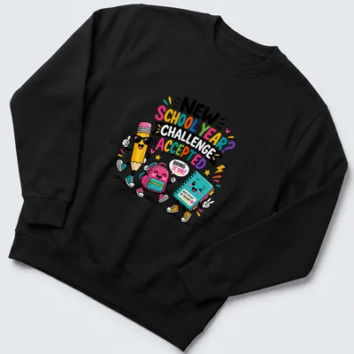 Kawaii cartoon style T-shirt featuring colorful back-to-school characters and playful text. — printed on a unisex sweatshirt