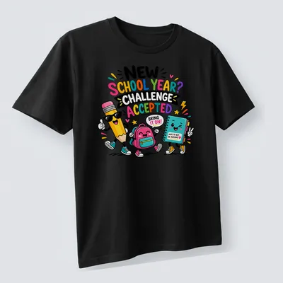 Kawaii cartoon style T-shirt featuring colorful back-to-school characters and playful text. — printed on a unisex t-shirt (angled view)