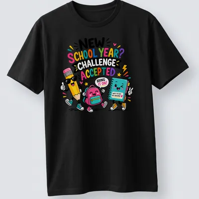 Kawaii cartoon style T-shirt featuring colorful back-to-school characters and playful text.