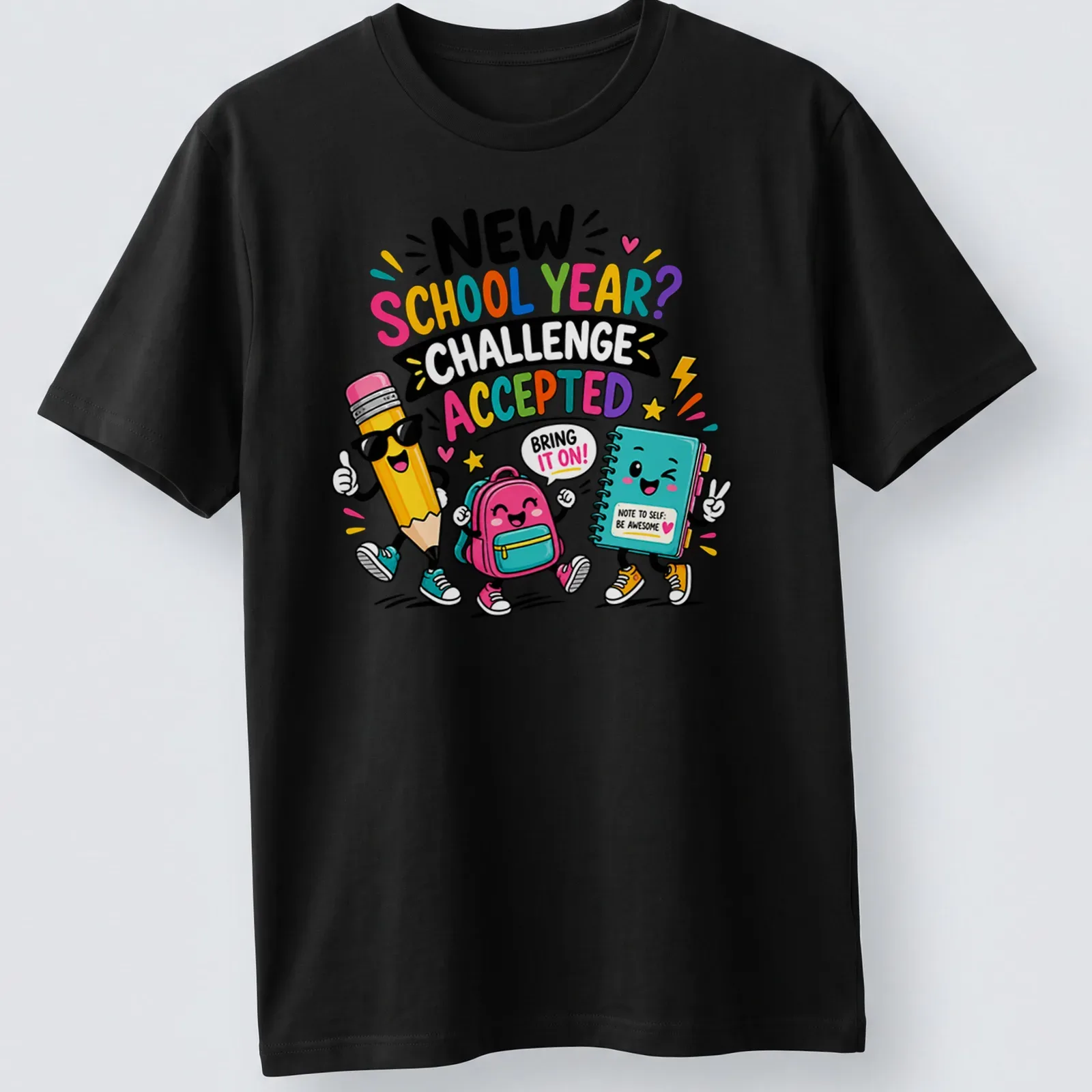 Kawaii cartoon style T-shirt featuring colorful back-to-school characters and playful text. — printed on a unisex t-shirt