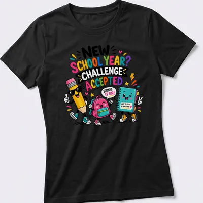 Kawaii cartoon style T-shirt featuring colorful back-to-school characters and playful text. — printed on a women's shirt