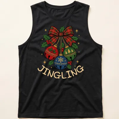Colorful Christmas bells with a plaid bow and the word 'JINGLING' — printed on a tank top
