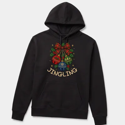 Colorful Christmas bells with a plaid bow and the word 'JINGLING' — printed on a unisex hoodie