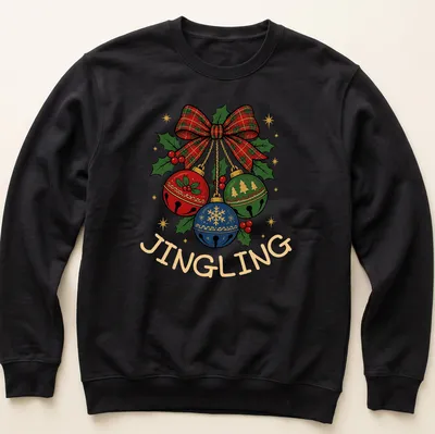 Colorful Christmas bells with a plaid bow and the word 'JINGLING' — printed on a unisex sweatshirt